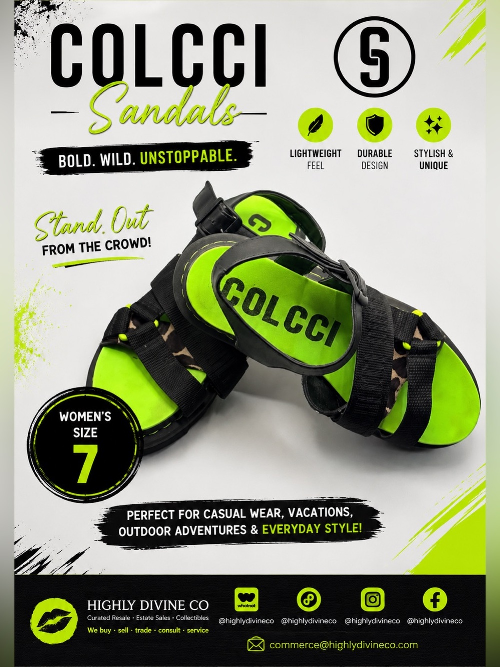 COLCCI Women’s Neon Green & Black Leopard Sport Sandals – Size 7